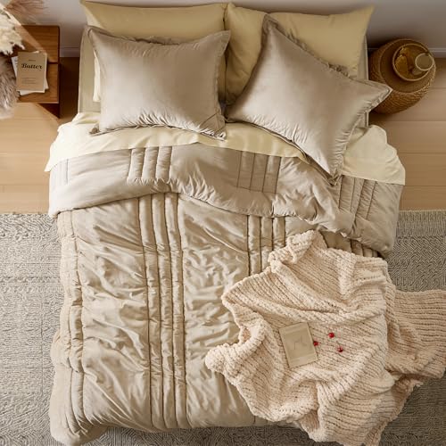 MUSSEL Bedding Comforter Set Queen Size 3 Pieces-Neutral Beige Champagne Striped Lightweight Bedroom Comforter Queen Size,Soft Velvet Bed Set for All Seasons with 2 Shams - Image 3