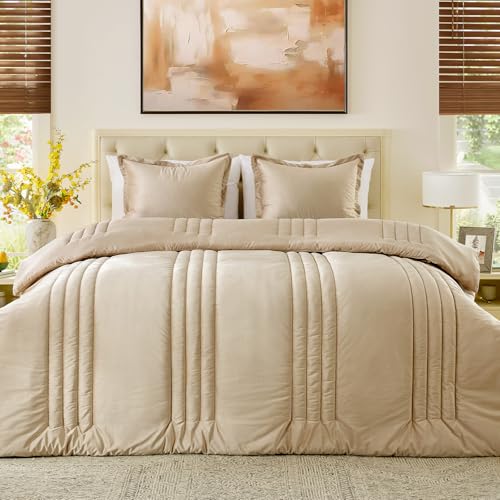 MUSSEL Bedding Comforter Set Queen Size 3 Pieces-Neutral Beige Champagne Striped Lightweight Bedroom Comforter Queen Size,Soft Velvet Bed Set for All Seasons with 2 Shams - Image 2