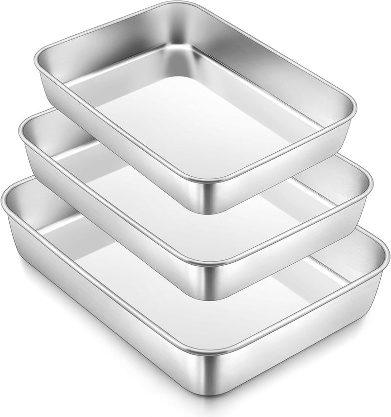 Herogo Baking Tray Set of 3, Stainless Steel Baking Trays for Oven, Rectangle Baking Sheet Pan, Deep Oven Tray for Lasagna Cookie Brownie Pizza, Heavy Duty & Anti-Rust, Easy Clean & Dishwasher Safe Wide range usage design - Image 1