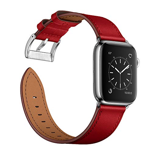 OUHENG Leather Bands Compatible with Apple Watch Band 49mm/46mm/45mm/44mm/42mm, Genuine Leather Replacement Strap for iWatch Series 11/10/9/8/7/6/5/4/3/2/1 & Ultra 3/2/1 & SE3 SE2 SE, Red/Silver - Image 3
