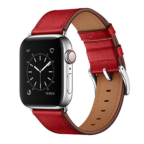 OUHENG Leather Bands Compatible with Apple Watch Band 49mm/46mm/45mm/44mm/42mm, Genuine Leather Replacement Strap for iWatch Series 11/10/9/8/7/6/5/4/3/2/1 & Ultra 3/2/1 & SE3 SE2 SE, Red/Silver - Image 1