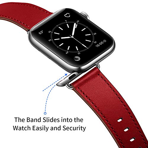 OUHENG Leather Bands Compatible with Apple Watch Band 49mm/46mm/45mm/44mm/42mm, Genuine Leather Replacement Strap for iWatch Series 11/10/9/8/7/6/5/4/3/2/1 & Ultra 3/2/1 & SE3 SE2 SE, Red/Silver - Image 4