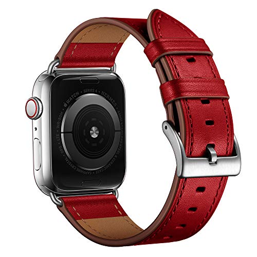 OUHENG Leather Bands Compatible with Apple Watch Band 49mm/46mm/45mm/44mm/42mm, Genuine Leather Replacement Strap for iWatch Series 11/10/9/8/7/6/5/4/3/2/1 & Ultra 3/2/1 & SE3 SE2 SE, Red/Silver - Image 2
