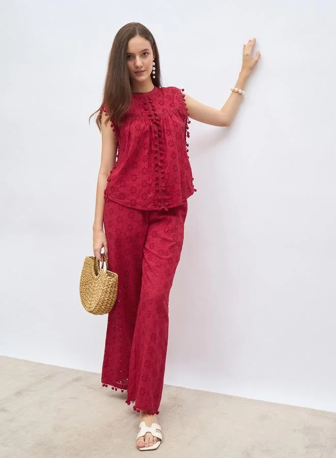 ستايلي Styli Red Sleeveless Schiffli Top and Pants Co-Ords