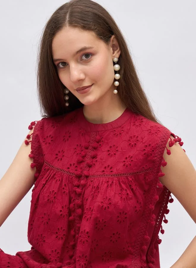 Styli Styli Red Sleeveless Schiffli Top and Pants Co-Ords