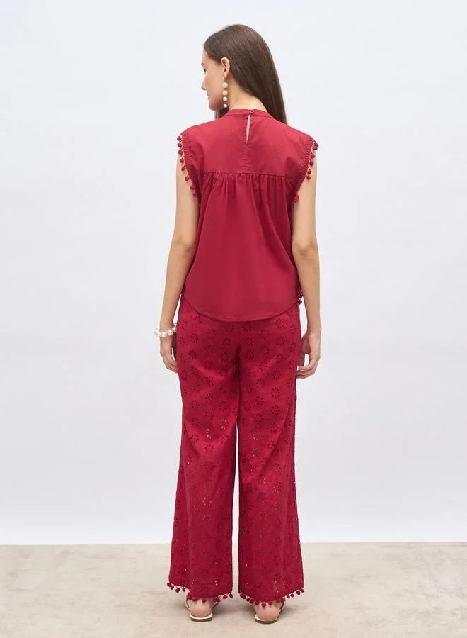 Styli Styli Red Sleeveless Schiffli Top and Pants Co-Ords