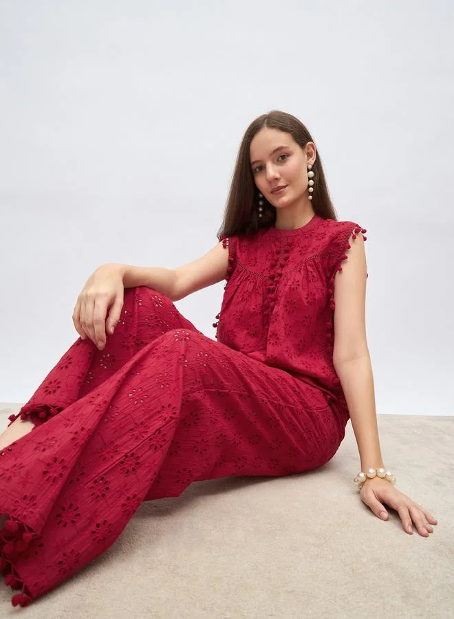Styli Styli Red Sleeveless Schiffli Top and Pants Co-Ords