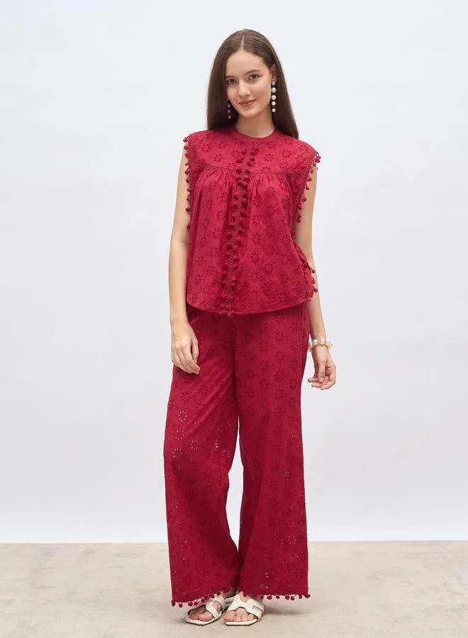 ستايلي Styli Red Sleeveless Schiffli Top and Pants Co-Ords