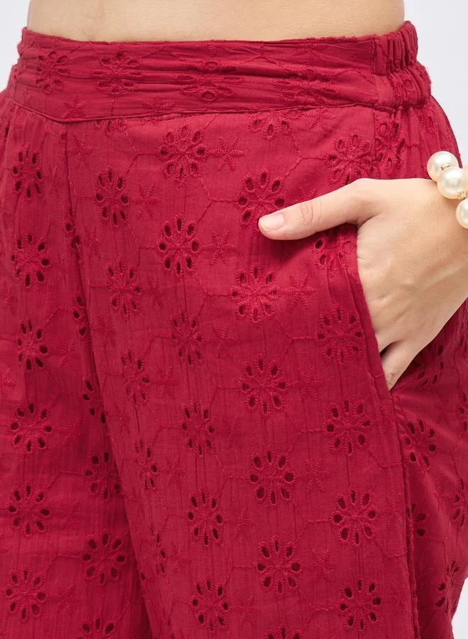 Styli Styli Red Sleeveless Schiffli Top and Pants Co-Ords