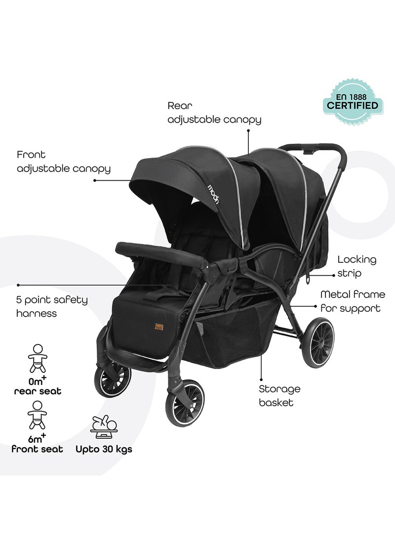 Moon Dois Tandem Twin Stroller – Double Infant And Toddler Travel Stroller, Lightweight, Foldable, Suitable 0m+, Up to 15kg per Seat – Black - Image 2