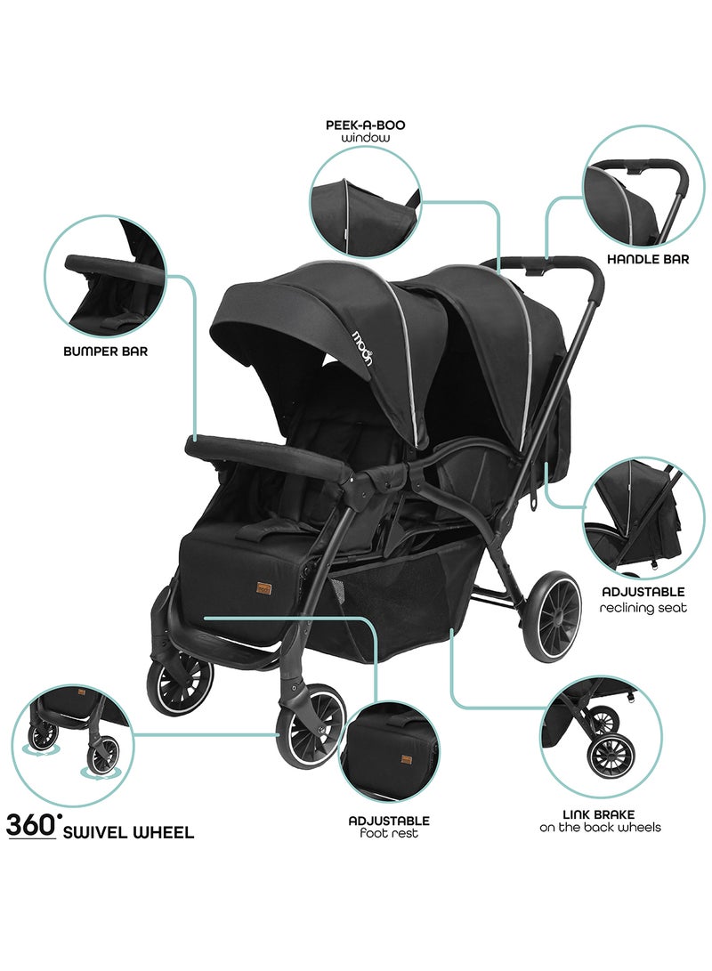 Moon Dois Tandem Twin Stroller – Double Infant And Toddler Travel Stroller, Lightweight, Foldable, Suitable 0m+, Up to 15kg per Seat – Black - Image 3