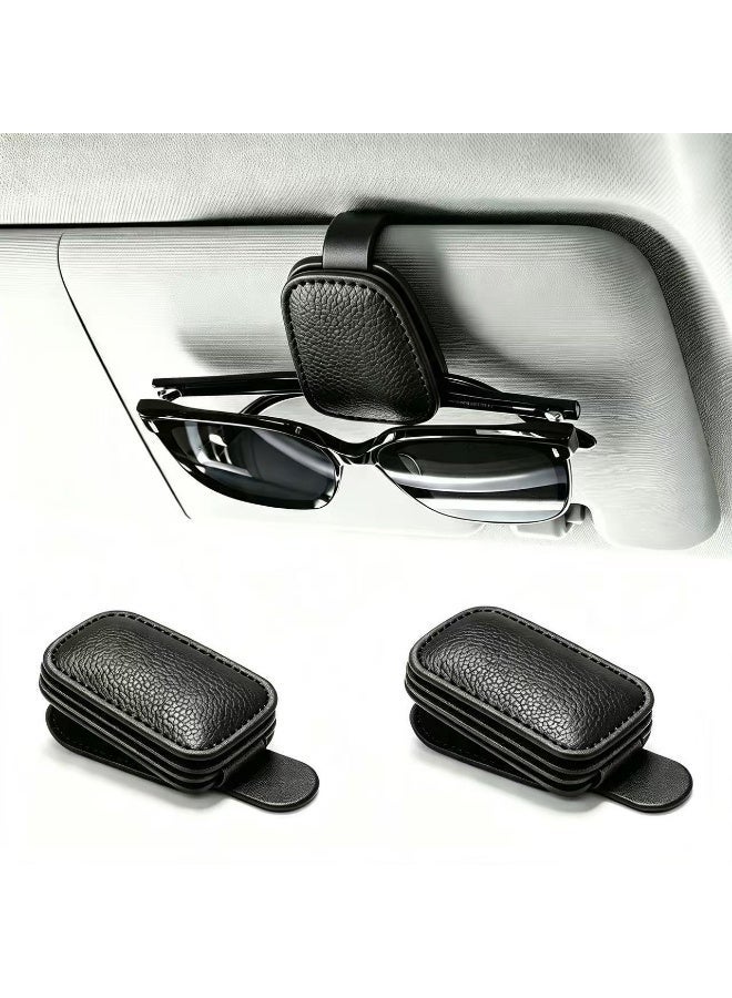2 Pack Sunglasses Holder for Car Visor, Glasses Eyeglass Clip, Magnetic Leather Material with Ticket Business Card Storage, Universal Car Interior Accessories Fit for Most Vehicles, Black - Image 1