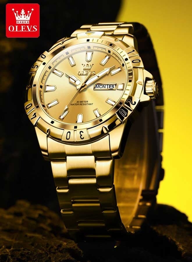أوليفز ساعات OLEVS للرجال ساعة كوارتز مقاومة للماء من الفولاذ المقاوم للصدأ للأعمال 42 مم ساعات كوارتز ذهبية - Image 1