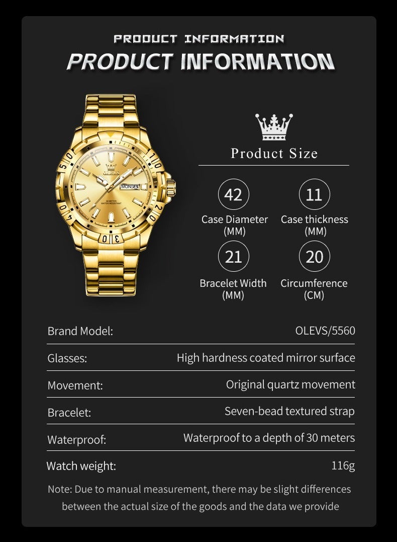 أوليفز ساعات OLEVS للرجال ساعة كوارتز مقاومة للماء من الفولاذ المقاوم للصدأ للأعمال 42 مم ساعات كوارتز ذهبية - Image 5