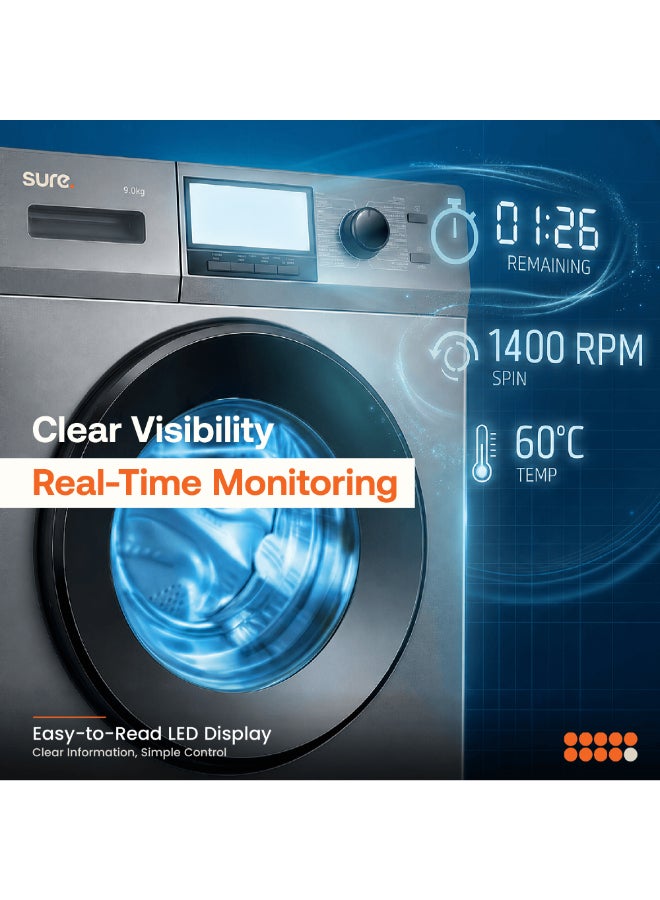 SURE 9KG Front Load Washing Machine, 1400 RPM Spin Speed, 16 Wash Programs, BLDC Inverter Motor, Steam Wash Function, LED Display, Double Layer Door, Silent Operation, Fully Automatic, Inox Finish, WMF-914 9 kg WMF-914 Inox Finish - Image 5