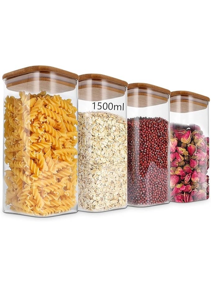 Lynacz Original Glass Food Storage Jars Containers set 1.5L,with Airtight Bamboo lids Set of 4,for Spices Noodles Flour Cereal Rice Sugar Tea Coffee Beans, Square (4 Pack, 1500ml)