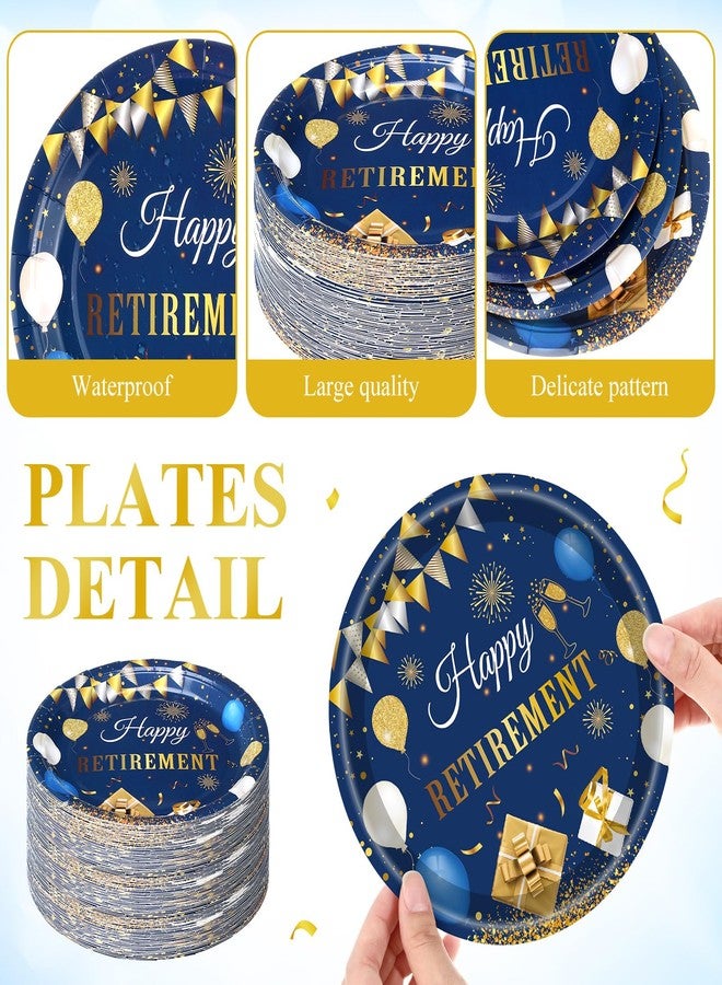 Potchen 100 Pcs Happy Retirement Paper Plates Party Decoration 7 Inch Disposable Dessert Cake Plates Tableware Party Favors Supplies for Men Women Say Goodbye(Happy Retirement,Blue, Gold) - Image 2