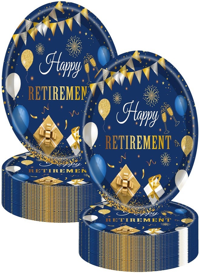 Potchen 100 Pcs Happy Retirement Paper Plates Party Decoration 7 Inch Disposable Dessert Cake Plates Tableware Party Favors Supplies for Men Women Say Goodbye(Happy Retirement,Blue, Gold) - Image 1