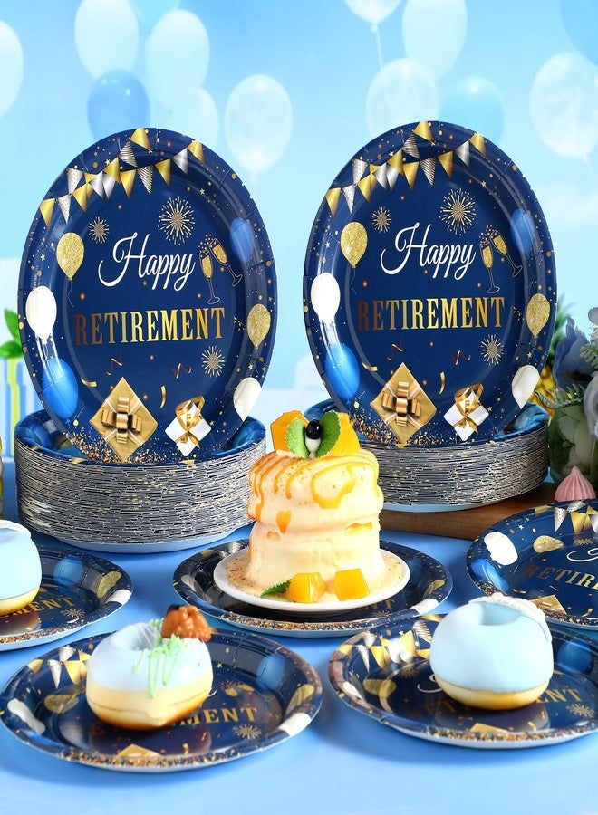 Potchen 100 Pcs Happy Retirement Paper Plates Party Decoration 7 Inch Disposable Dessert Cake Plates Tableware Party Favors Supplies for Men Women Say Goodbye(Happy Retirement,Blue, Gold) - Image 4