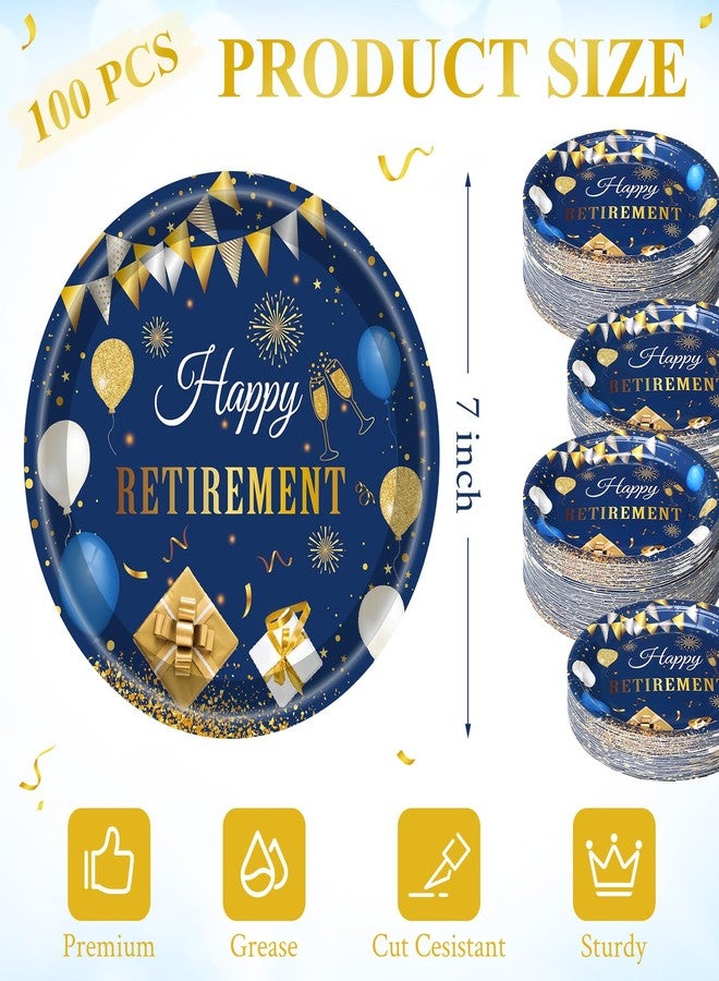 Potchen 100 Pcs Happy Retirement Paper Plates Party Decoration 7 Inch Disposable Dessert Cake Plates Tableware Party Favors Supplies for Men Women Say Goodbye(Happy Retirement,Blue, Gold) - Image 3