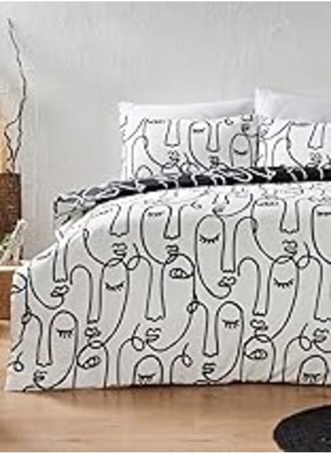 Matalan Cotton Rich Abstract Face Duvet Cover, Double Size, Black