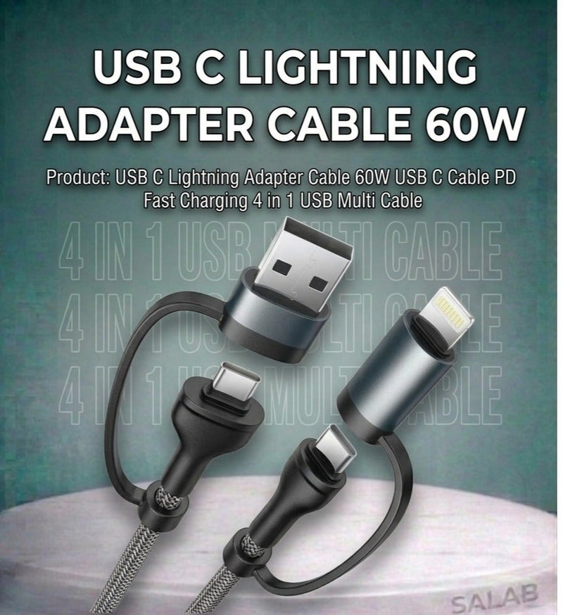 Salab USB C Lightning Adapter Cable 60W USB C Cable PD Fast Charging 4 in 1 USB Multi Cable for iPhone 15 14 13,MacBook Pro 2023 iPad Mini 6,Samsung Galaxy S22 S21 S20 - Image 1