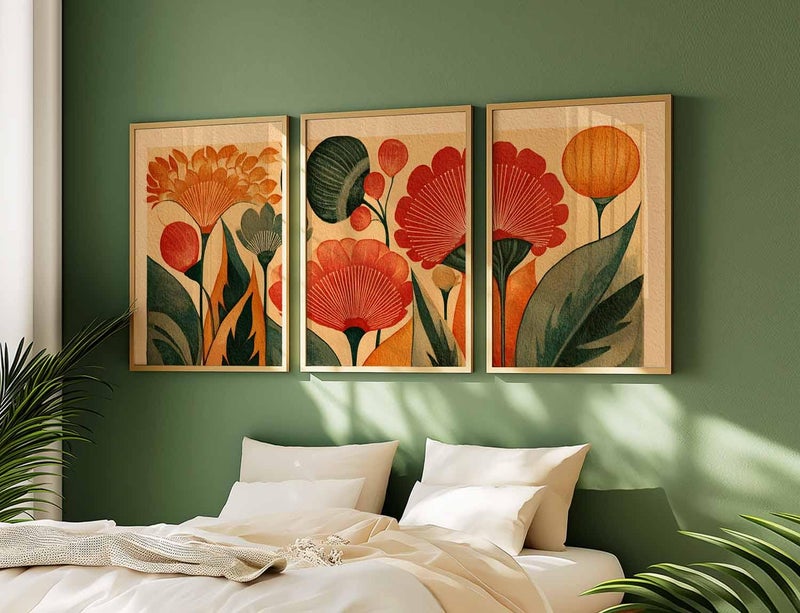 TNESSENTIAL Retro Floral Wall Art Set of 3, Mid Century Modern Botanical Prints, Warm Earth Tone Flower Art for Living Room or Bedroom Decor - Image 5