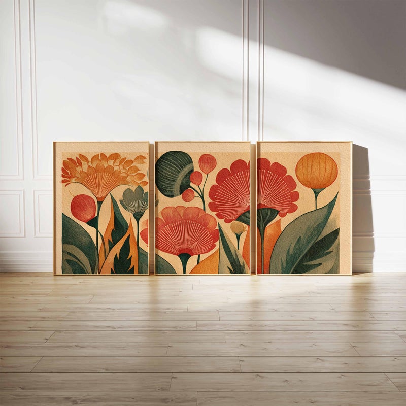 TNESSENTIAL Retro Floral Wall Art Set of 3, Mid Century Modern Botanical Prints, Warm Earth Tone Flower Art for Living Room or Bedroom Decor - Image 4