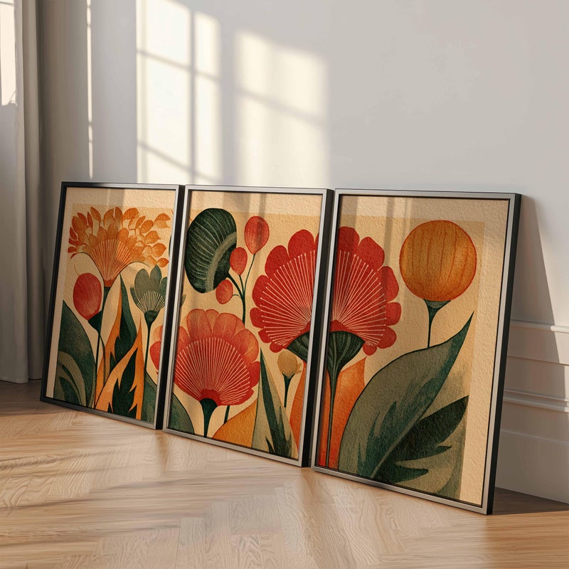 TNESSENTIAL Retro Floral Wall Art Set of 3, Mid Century Modern Botanical Prints, Warm Earth Tone Flower Art for Living Room or Bedroom Decor - Image 2