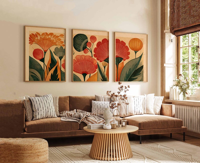 TNESSENTIAL Retro Floral Wall Art Set of 3, Mid Century Modern Botanical Prints, Warm Earth Tone Flower Art for Living Room or Bedroom Decor - Image 3