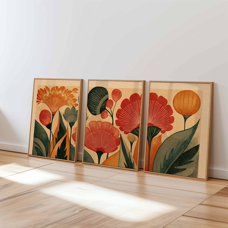 TNESSENTIAL Retro Floral Wall Art Set of 3, Mid Century Modern Botanical Prints, Warm Earth Tone Flower Art for Living Room or Bedroom Decor - Image 1