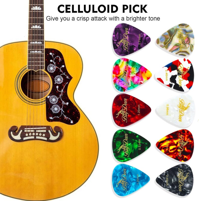 BigDeer 30 Pack Bright celluloid guitar picks, including 0.46mm, 0.71mm, 0.96mm and 1.2mm picks for acoustic guitars, ukulele, bass in tin case,comes with two guitar pick holders - Image 4