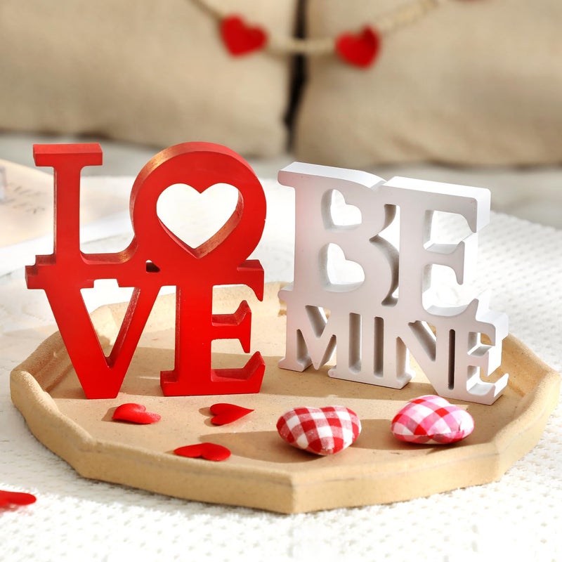 KORMMCO Valentines Love Be Mine Wooden Signs - Romantic 2PSC Letter Sign Decorations for Tabletop, Mantle, Tiered Trays, Decor for Weddings, Anniversaries Home Decor - Image 2