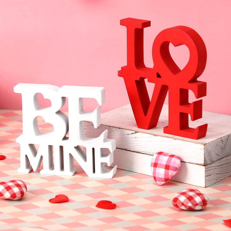 KORMMCO Valentines Love Be Mine Wooden Signs - Romantic 2PSC Letter Sign Decorations for Tabletop, Mantle, Tiered Trays, Decor for Weddings, Anniversaries Home Decor - Image 1