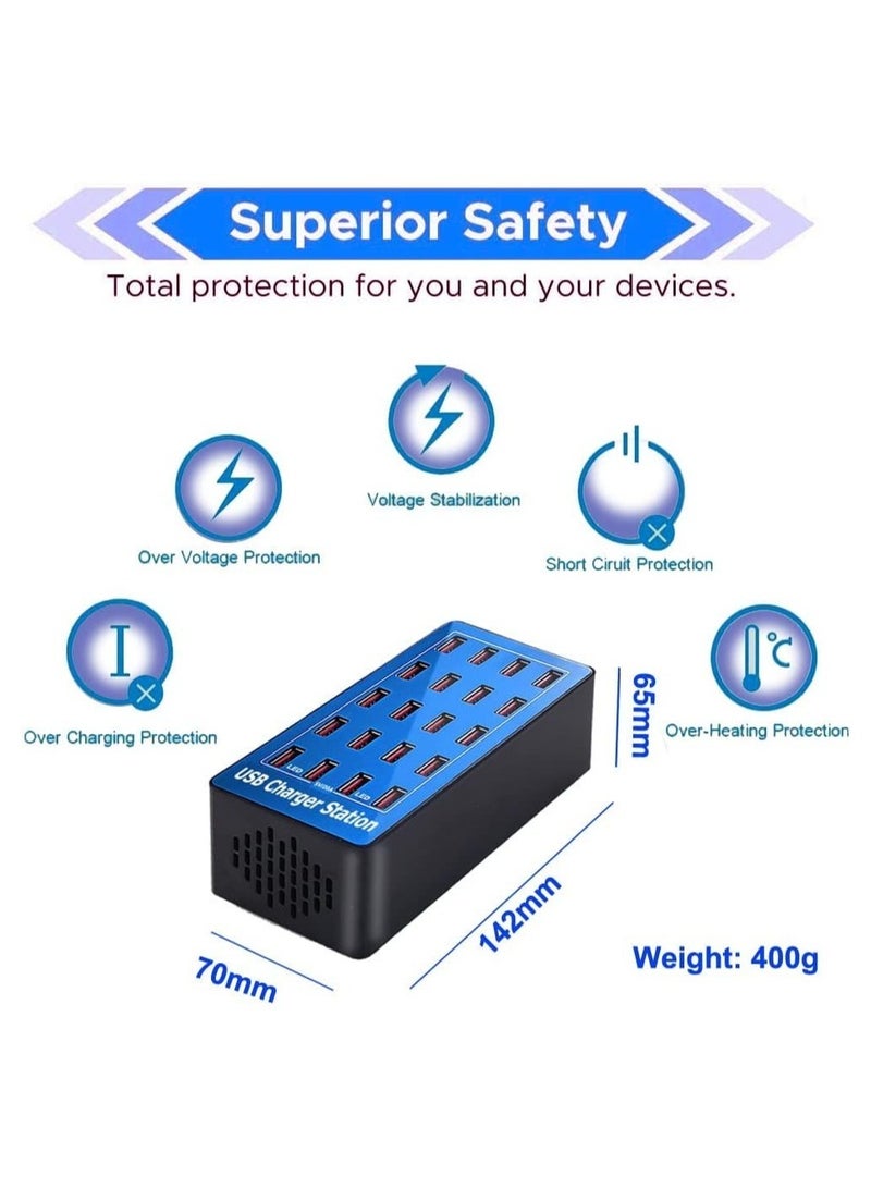 20-Port Multi Ports USB Charger, 100W Multi-USB Charging Station, Multi-Port USB Charger with Smart Detection to charge smartphones - Image 2