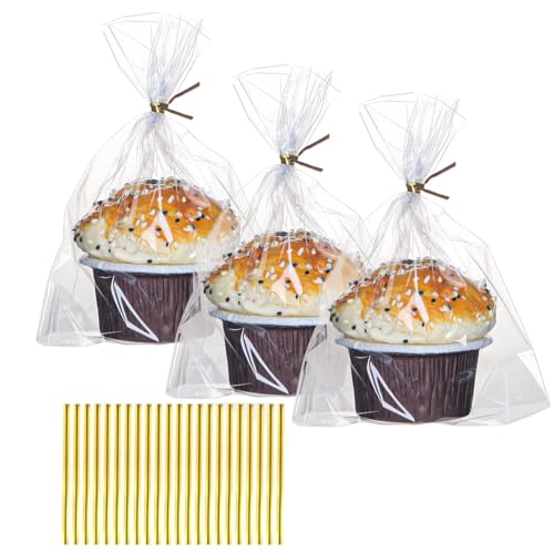 JCXGRVC 100 Pack 5"×2"x6.5" Cellophane Muffin Bags with Gold Twist Ties Pro Grade Flat Bottom Design for Cupcakes, Macarons & Chocolate Treats (Fits Cookies, Strawberries) Reusable Resealable Bakery Packaging - Image 1