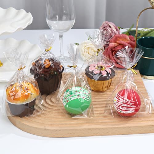 JCXGRVC 100 Pack 5"×2"x6.5" Cellophane Muffin Bags with Gold Twist Ties Pro Grade Flat Bottom Design for Cupcakes, Macarons & Chocolate Treats (Fits Cookies, Strawberries) Reusable Resealable Bakery Packaging - Image 4