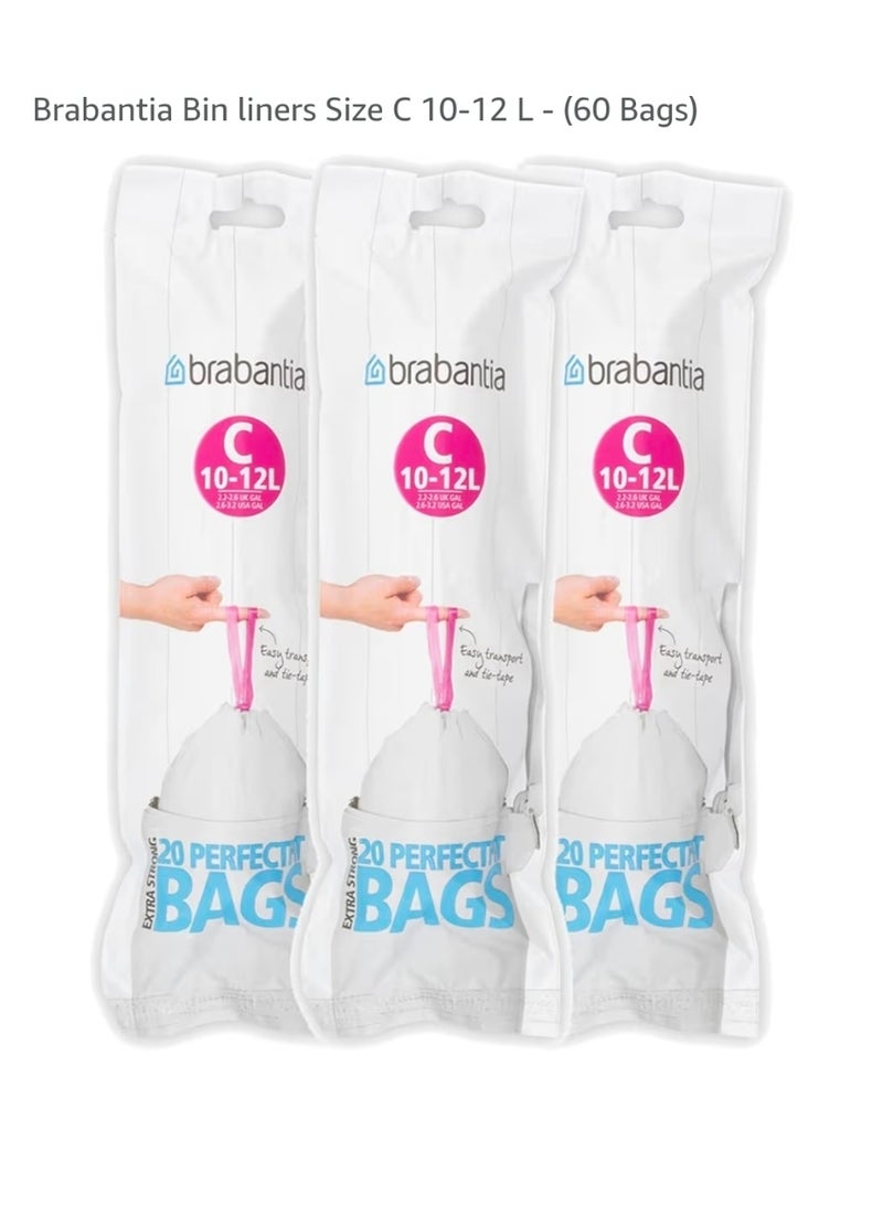 Brabantia PerfectFit Bin Liners Size C (10–12 Litre) – 60 Bags –
 Strong Trash Bags with Tie Tape, White - Image 1