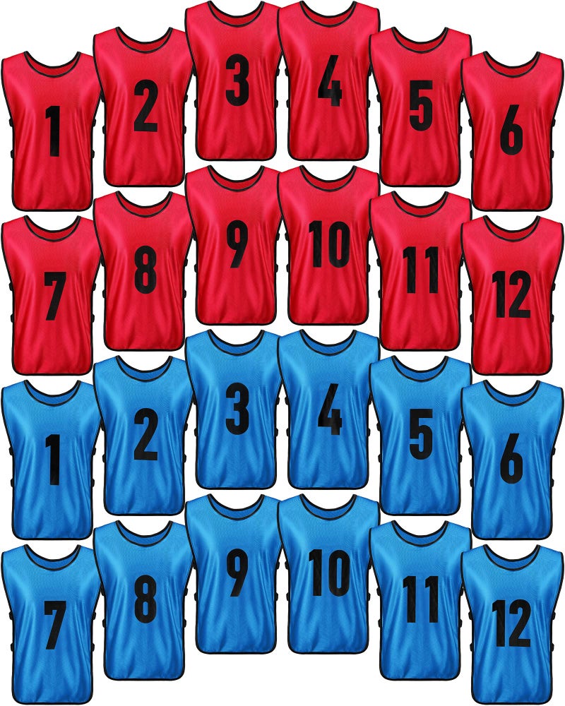 Yahenda 24 Pcs Sports Pinnies Soccer Scrimmage Practice Vests Numbered Soccer Team Pennies with Belt for Adult(X-Large,Red, Blue) - Image 1