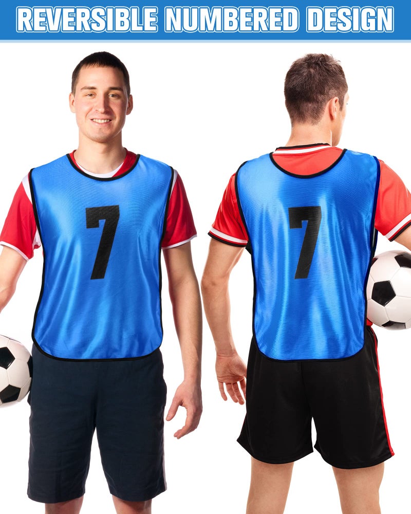Yahenda 24 Pcs Sports Pinnies Soccer Scrimmage Practice Vests Numbered Soccer Team Pennies with Belt for Adult(X-Large,Red, Blue) - Image 3