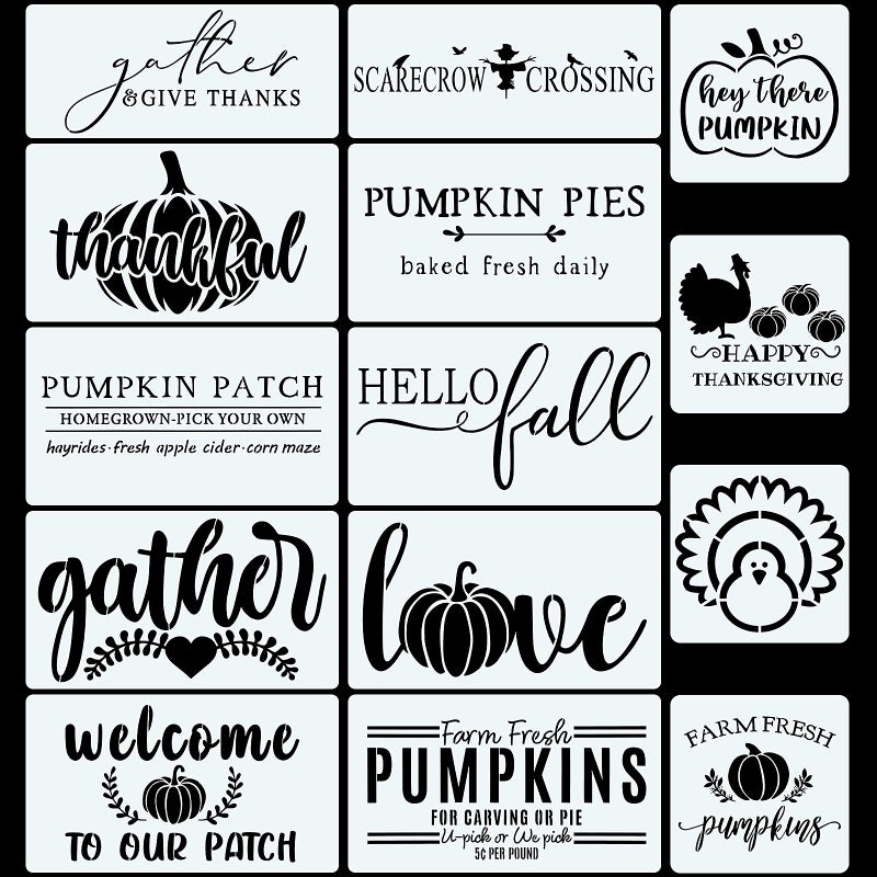 CINPIUK 14PCS Fall Stencils Painting on Wood Reusable Thanksgiving DIY Farmhouse Wood Signs Hello Fall Gather Farm Fresh Pumpkin Turkey Templates for Home Decor Halloween Art Crafts Assorted Sizes