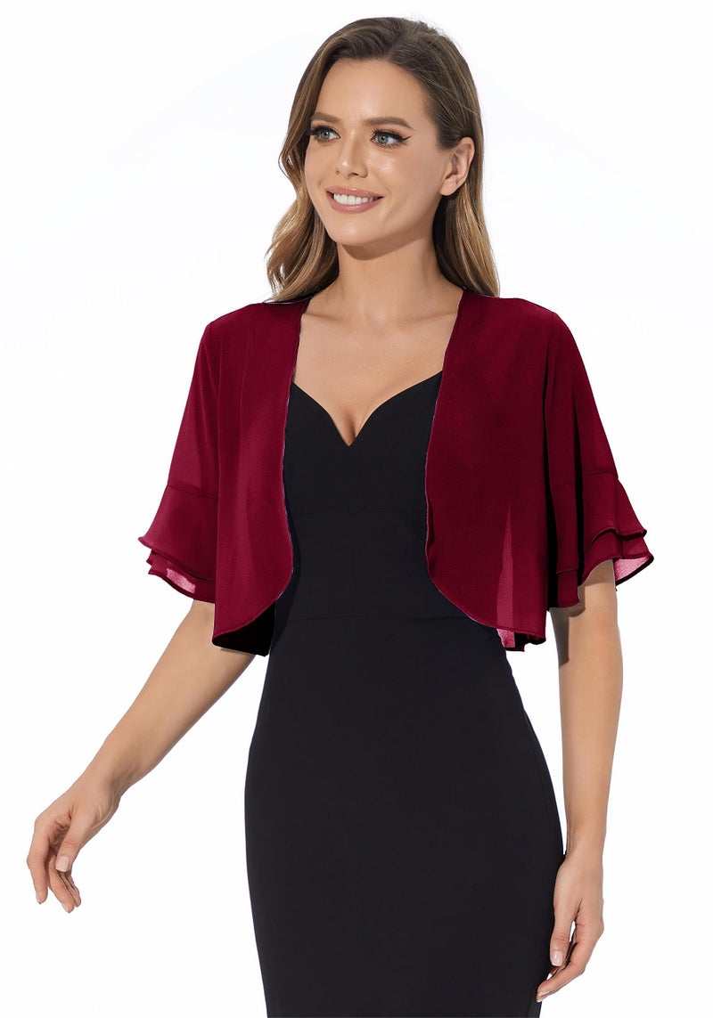 Sepsap Women Shrug Soft Chiffon Open Front Sheer 3/4 Sleeve Bolero Cardigan for Evening Dress(Deep Wine Red,XL) - Image 3