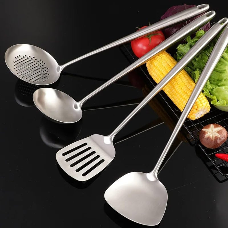 Azonee 17-inch Extra Long Wok Spatula and Ladle Set, 304 Stainless Steel Cooking Utensils, 4-Piece Set with Metal Heat-Resistant Handle, Skimmer, Soup Ladle, Slotted Turner, Spatula - Image 5