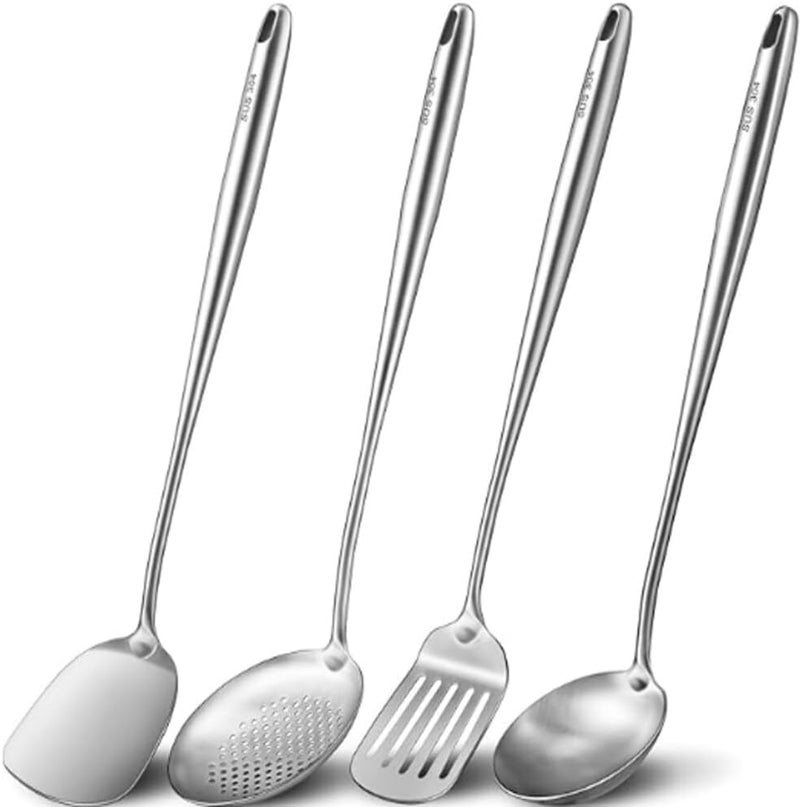Azonee 17-inch Extra Long Wok Spatula and Ladle Set, 304 Stainless Steel Cooking Utensils, 4-Piece Set with Metal Heat-Resistant Handle, Skimmer, Soup Ladle, Slotted Turner, Spatula - Image 1