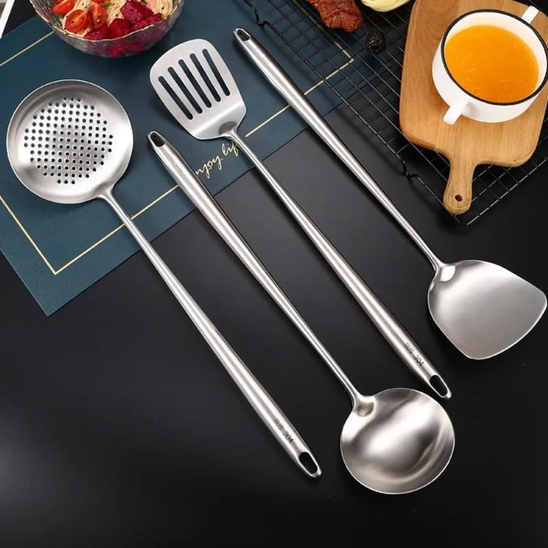 Azonee 17-inch Extra Long Wok Spatula and Ladle Set, 304 Stainless Steel Cooking Utensils, 4-Piece Set with Metal Heat-Resistant Handle, Skimmer, Soup Ladle, Slotted Turner, Spatula - Image 4