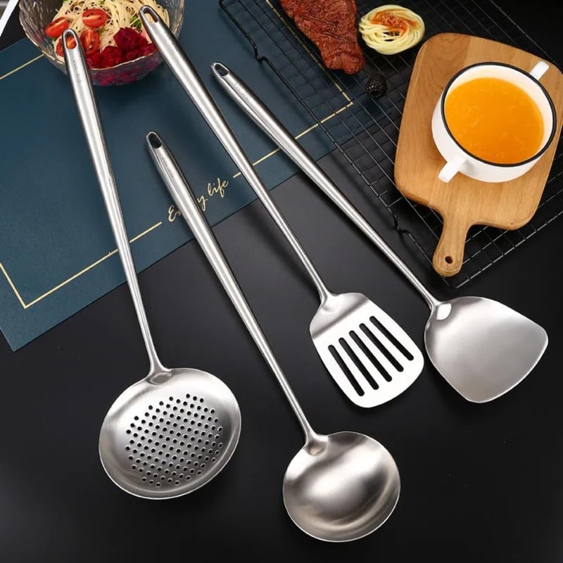 Azonee 17-inch Extra Long Wok Spatula and Ladle Set, 304 Stainless Steel Cooking Utensils, 4-Piece Set with Metal Heat-Resistant Handle, Skimmer, Soup Ladle, Slotted Turner, Spatula - Image 3