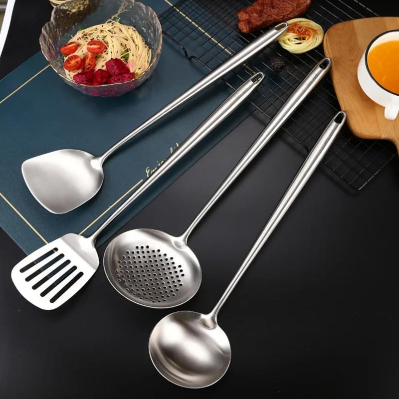 Azonee 17-inch Extra Long Wok Spatula and Ladle Set, 304 Stainless Steel Cooking Utensils, 4-Piece Set with Metal Heat-Resistant Handle, Skimmer, Soup Ladle, Slotted Turner, Spatula - Image 2