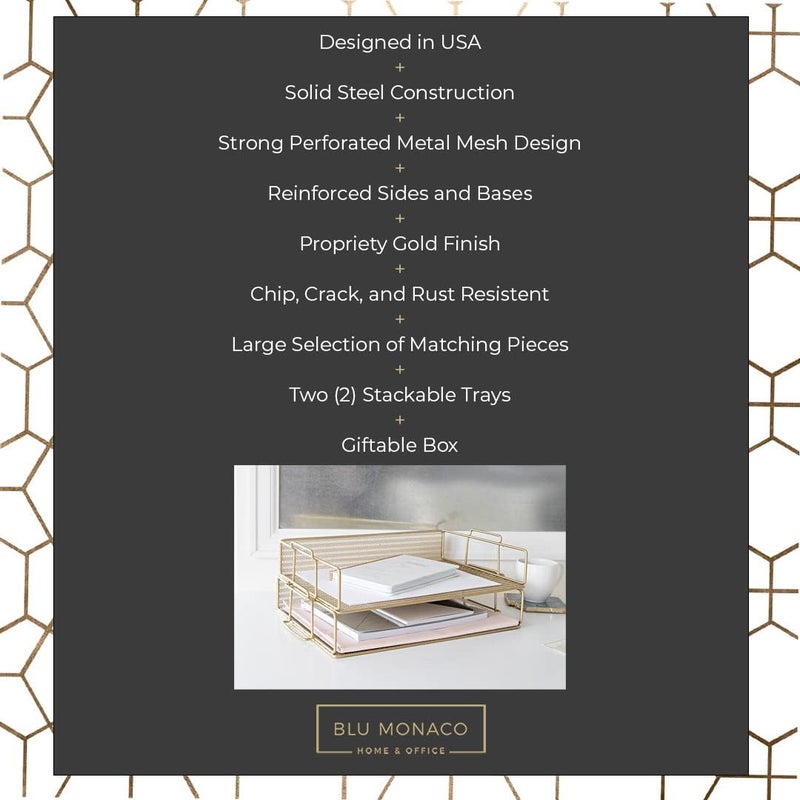 Blu Monaco Gold Desk Organizer Stackable Paper Tray Set of 2 - Metal Wire Two Tier Tray - Stackable Letter Tray - Inbox Tray for Desk - Image 3