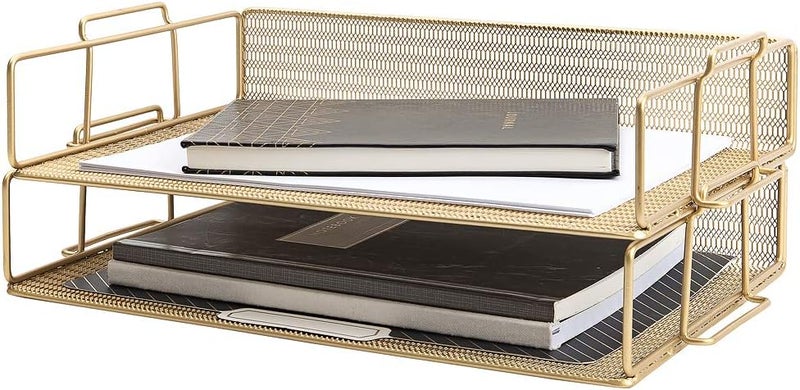 Blu Monaco Gold Desk Organizer Stackable Paper Tray Set of 2 - Metal Wire Two Tier Tray - Stackable Letter Tray - Inbox Tray for Desk - Image 1