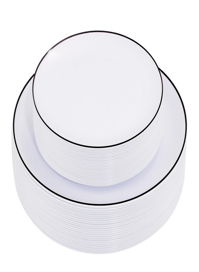 ejonirinjonir EI 100pcs White and Black Disposable Plates for Party,White Plastic Dinner Plates with Black Rim Disposable,Plastic Dessert Plate for Wedding,Family Gathering,Party,Afternoon Tea Business Event. - Image 1